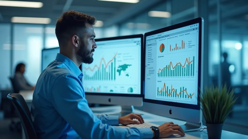 Business owner analyzing a digital dashboard tracking metrics for signals Google review create for ranking, showing search result improvements.