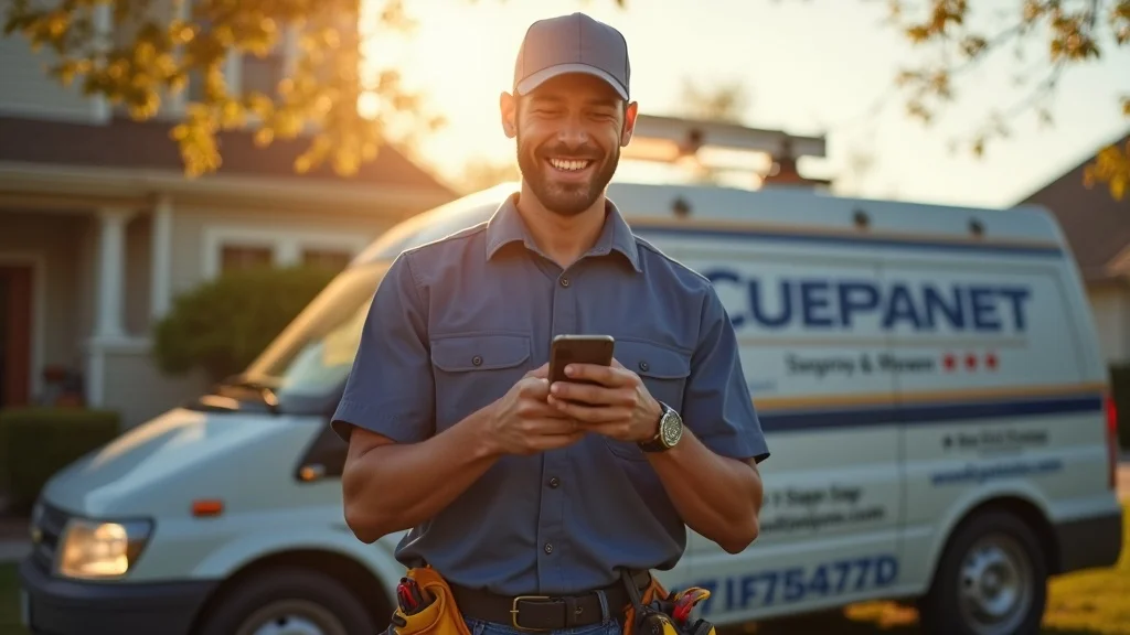 Technician sending automated review request via smartphone to enhance signals Google review create for ranking, boosting local search outcomes.