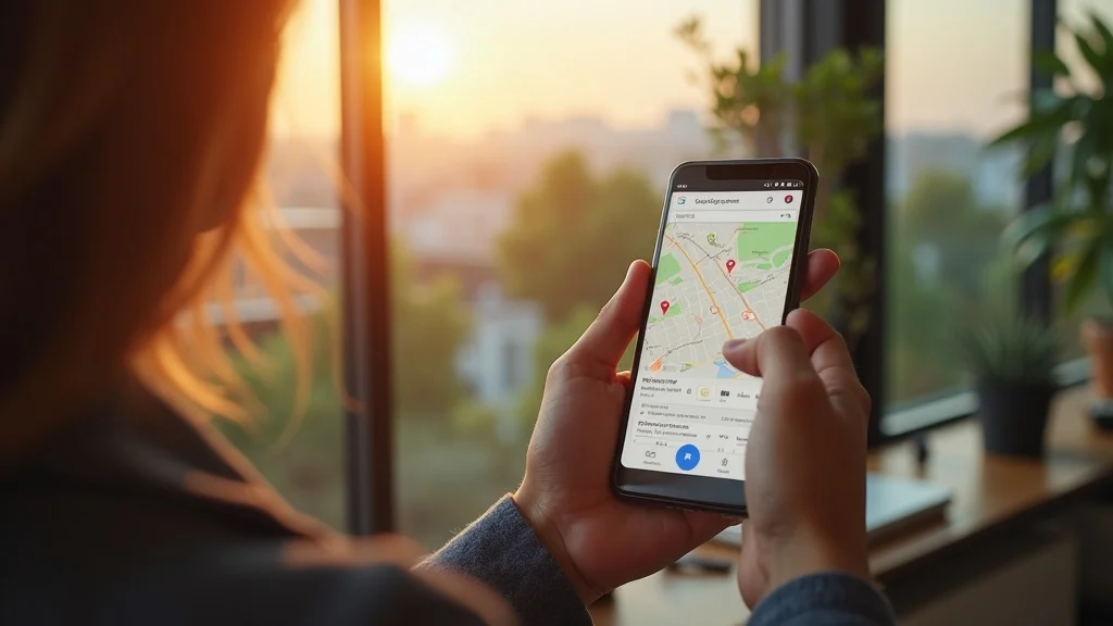 User viewing Google Maps local ranking results affected by signals Google review create for ranking on a smartphone in a modern home office.