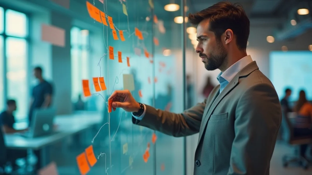 Professional digital marketer mapping the customer journey across ad campaigns using sticky notes on a glass wall