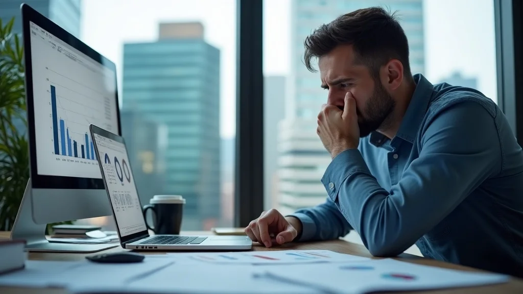 Frustrated marketing manager reviewing digital analytics dashboard for wasted ad spend in a modern office