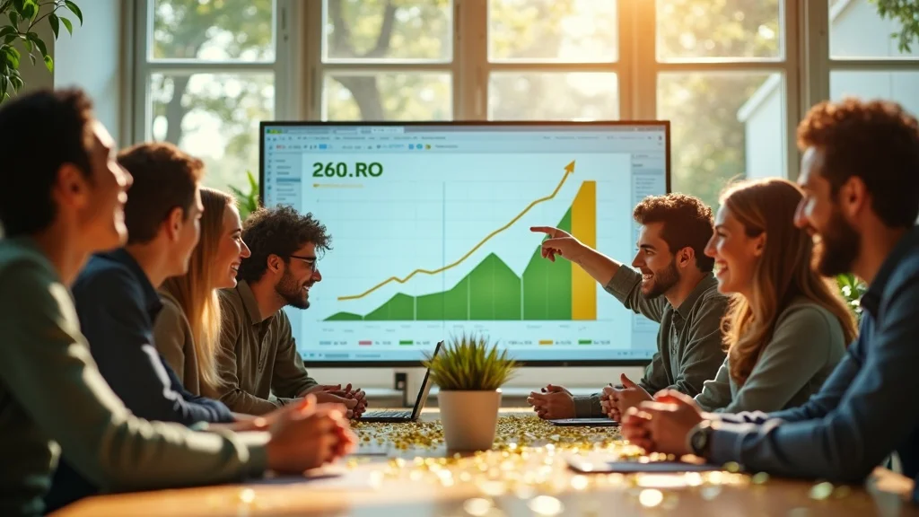 Successful marketing team celebrating improved ad efficiency with rising ROI analytics