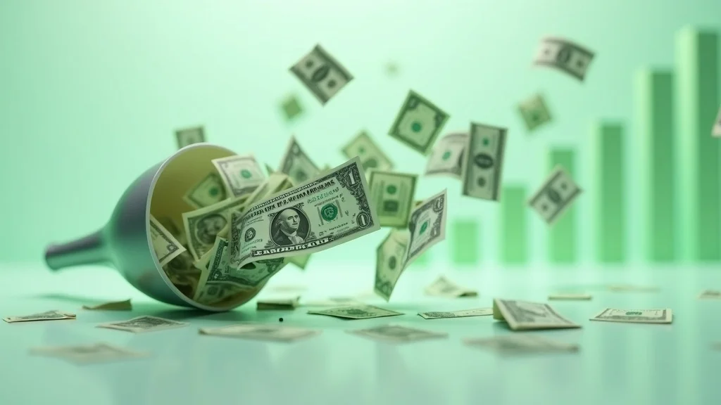 Visual conceptualization of wasted ad spend with dollar bills leaking through a digital ad funnel
